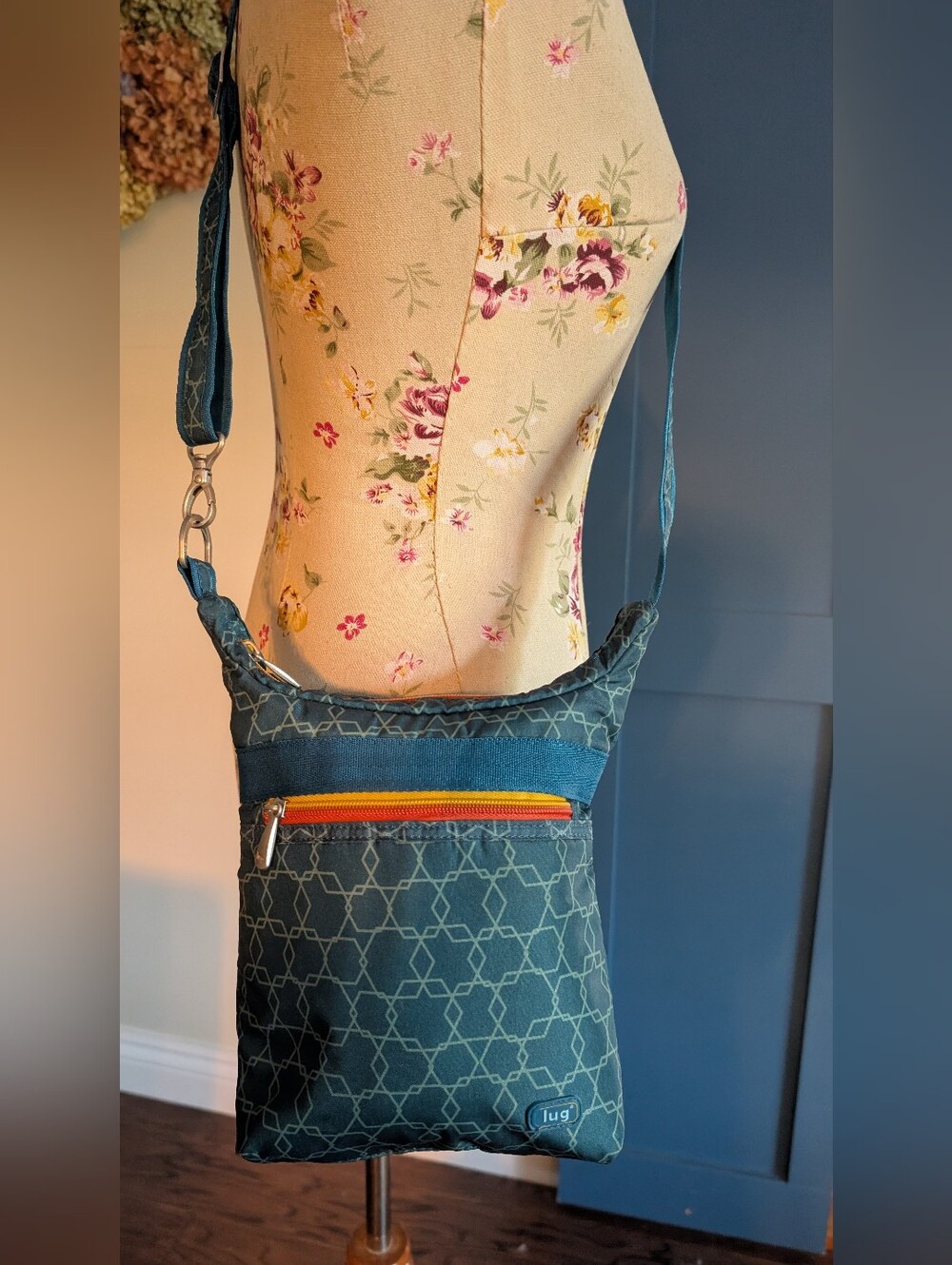 Lug Teal Pattern Crossbody Bag with Accent Zipper